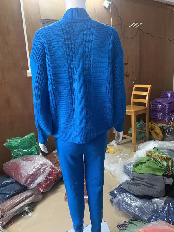 Women's Fashion V-neck Solid Color Suit Sweater + Knitted Pants  Shop One Place