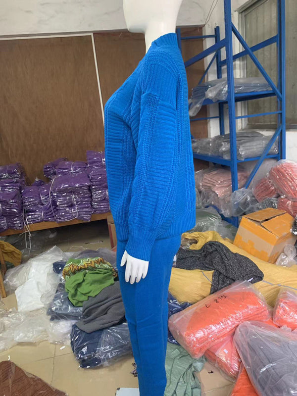 Women's Fashion V-neck Solid Color Suit Sweater + Knitted Pants  Shop One Place