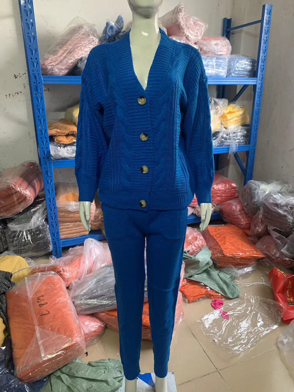 Women's Fashion V-neck Solid Color Suit Sweater + Knitted Pants  Shop One Place