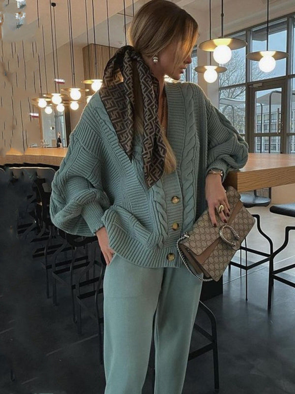 Women's Fashion V-neck Solid Color Suit Sweater + Knitted Pants  Shop One Place