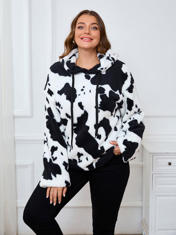 Plus size women's loose casual cow plush long sleeve hooded sweatshirt  Shop One Place