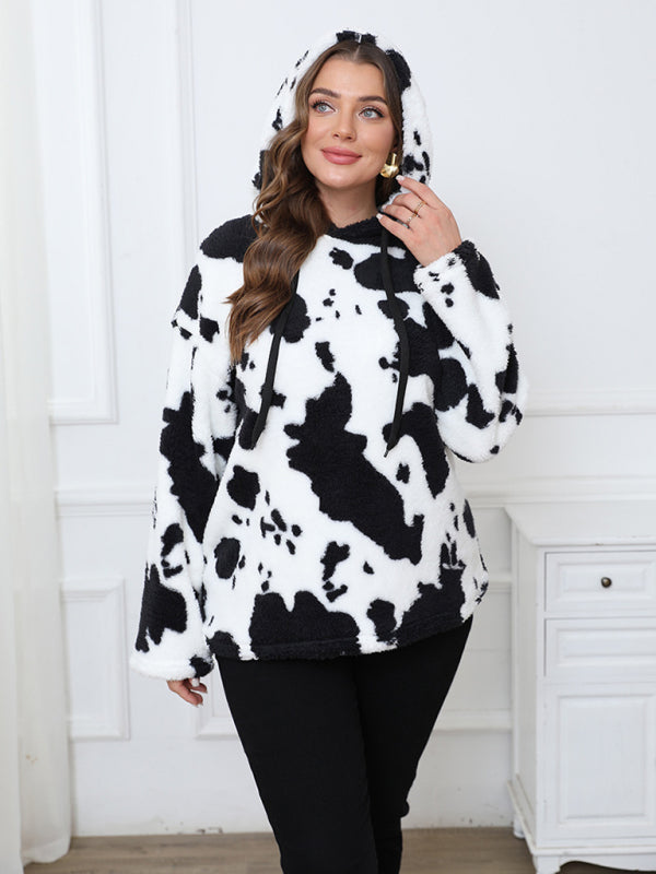 Plus size women's loose casual cow plush long sleeve hooded sweatshirt  Shop One Place