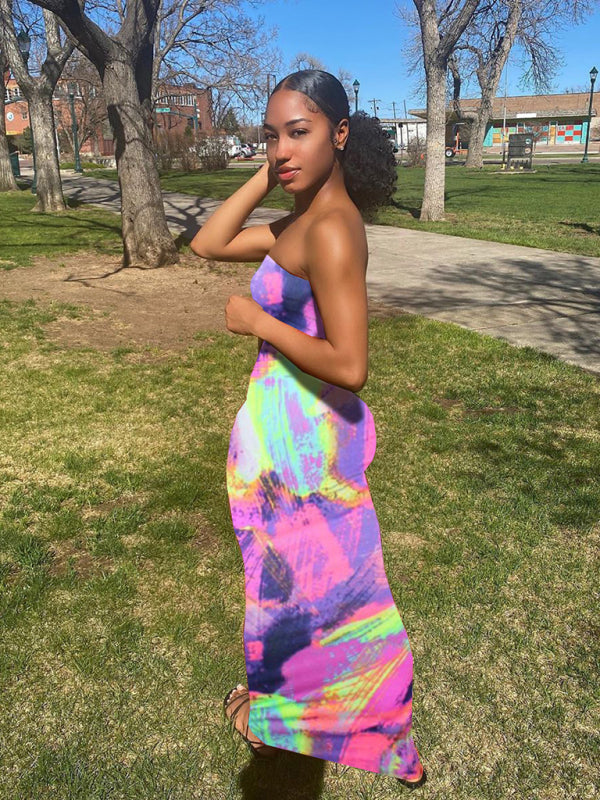 Ladies colorful tie-dye off-shoulder wrap dress