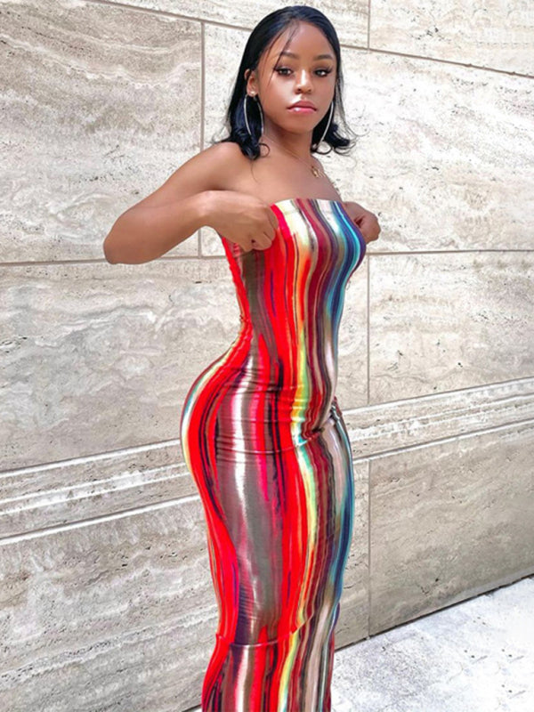 Ladies colorful tie-dye off-shoulder wrap dress