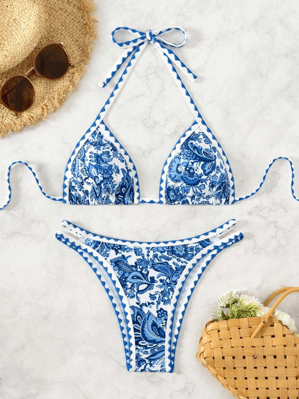 Blue Printed Halter Neck Bikini  Shop One Place