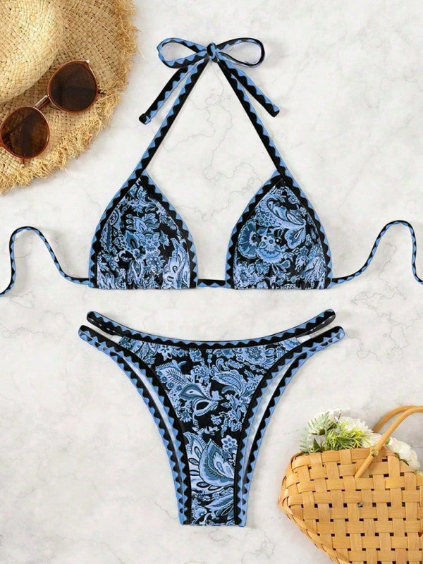 Dark blue printed halter neck bikini  Shop One Place