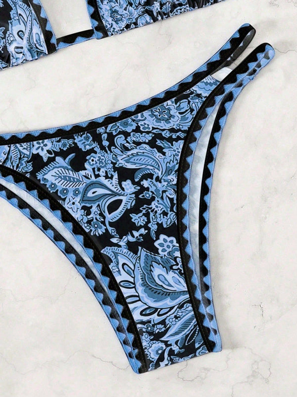 Dark blue printed halter neck bikini  Shop One Place