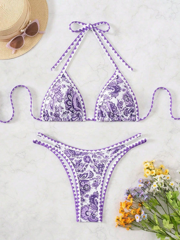 Purple Printed Halter Neck Bikini  Shop One Place