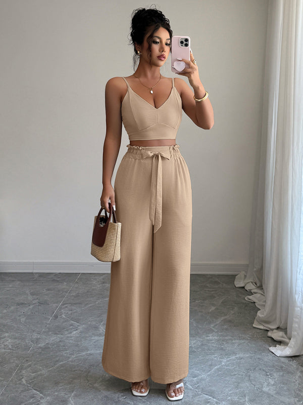 Light beige suspender vest wide-leg pants two-piece suit  Shop One Place