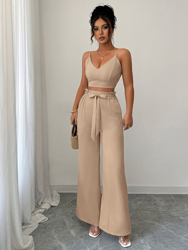 Light beige suspender vest wide-leg pants two-piece suit  Shop One Place