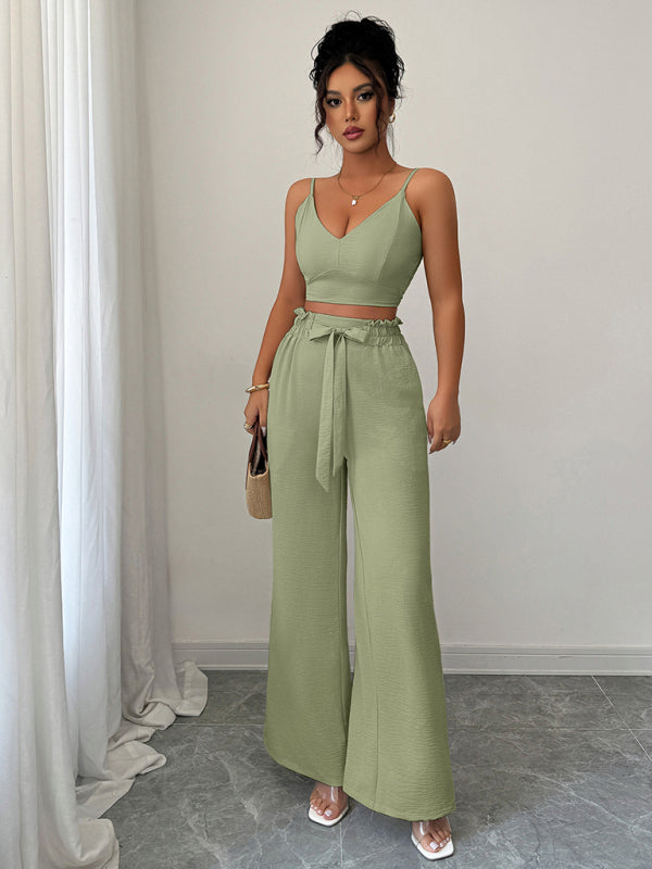 Green Suspender Vest Wide Leg Pants Two-Piece Set  Shop One Place