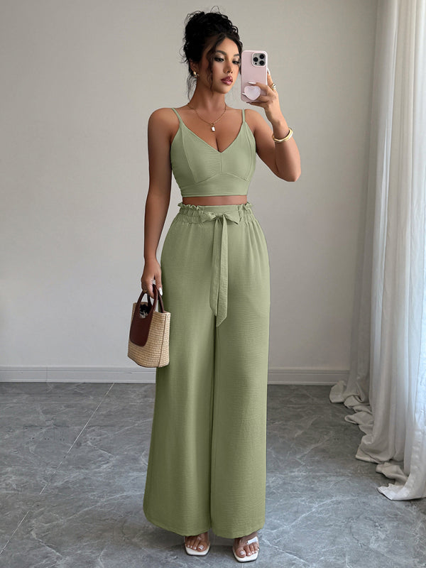 Green Suspender Vest Wide Leg Pants Two-Piece Set  Shop One Place