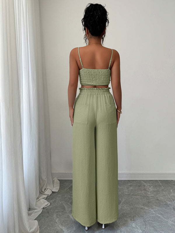 Green Suspender Vest Wide Leg Pants Two-Piece Set  Shop One Place