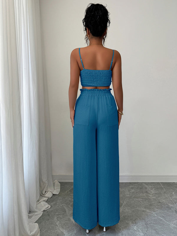 Peacock Blue Suspender Vest Wide Leg Pants Two-Piece Set  Shop One Place