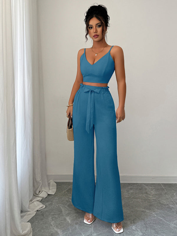 Peacock Blue Suspender Vest Wide Leg Pants Two-Piece Set  Shop One Place