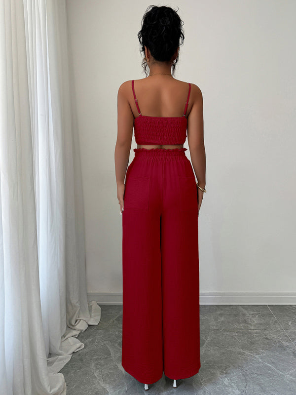 Burgundy suspender vest wide-leg pants two-piece  set  Shop One Place