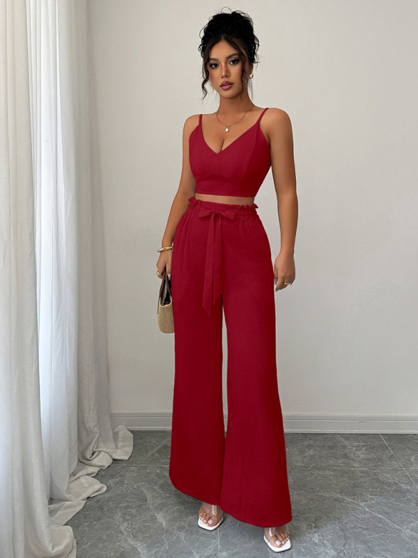 Burgundy suspender vest wide-leg pants two-piece  set  Shop One Place