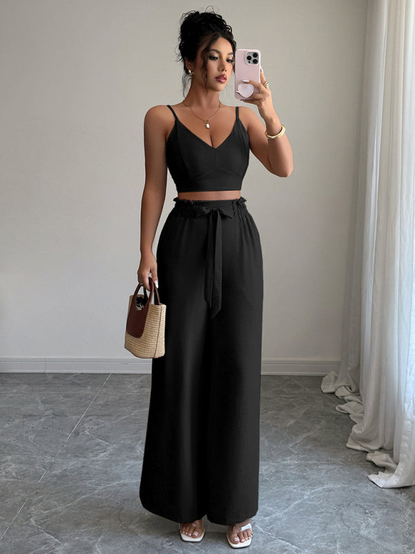 Black suspender vest wide-leg pants two-piece set  Shop One Place