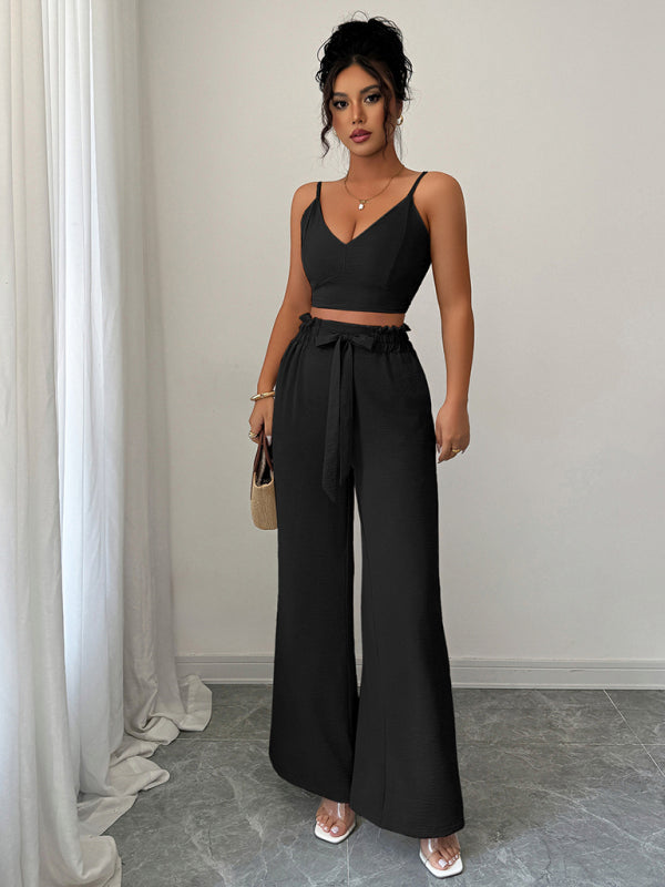 Black suspender vest wide-leg pants two-piece set  Shop One Place