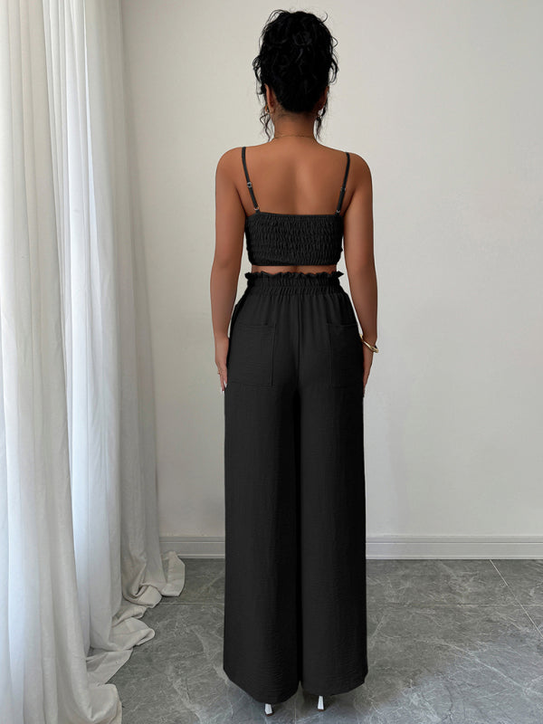 Black suspender vest wide-leg pants two-piece set  Shop One Place
