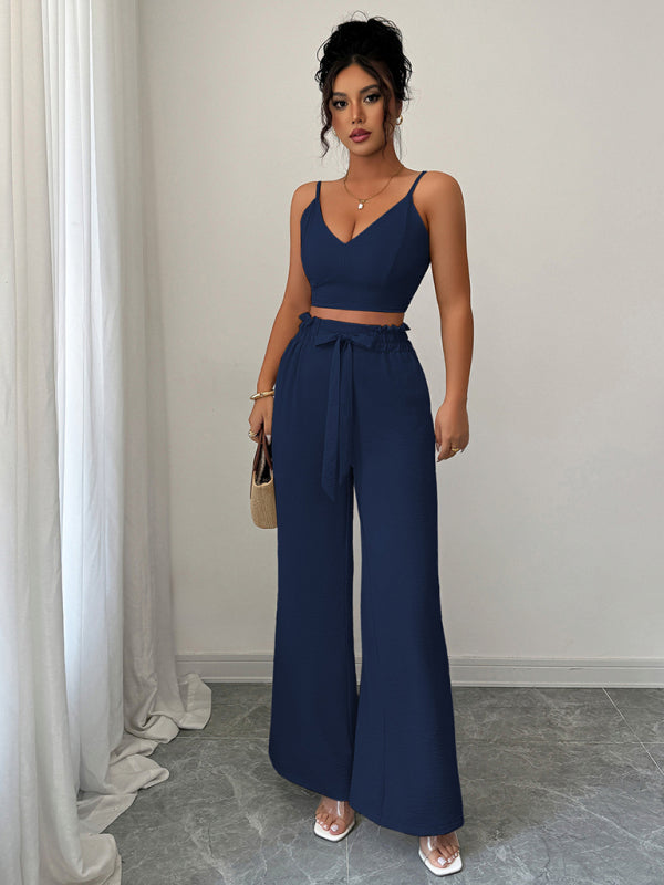 Navy Blue Suspender Vest Wide Leg Pants Two-Piece Set  Shop One Place