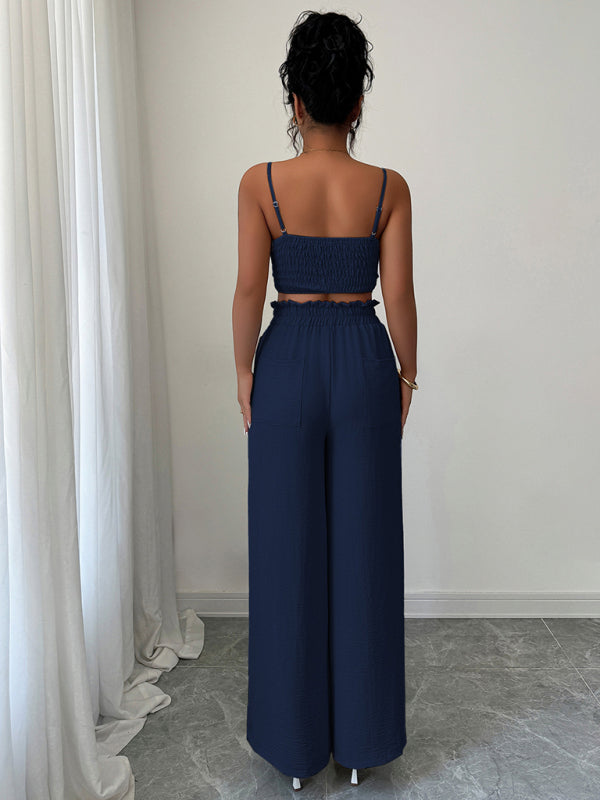 Navy Blue Suspender Vest Wide Leg Pants Two-Piece Set  Shop One Place