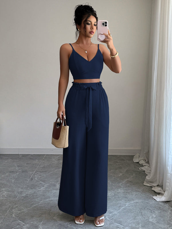 Navy Blue Suspender Vest Wide Leg Pants Two-Piece Set  Shop One Place