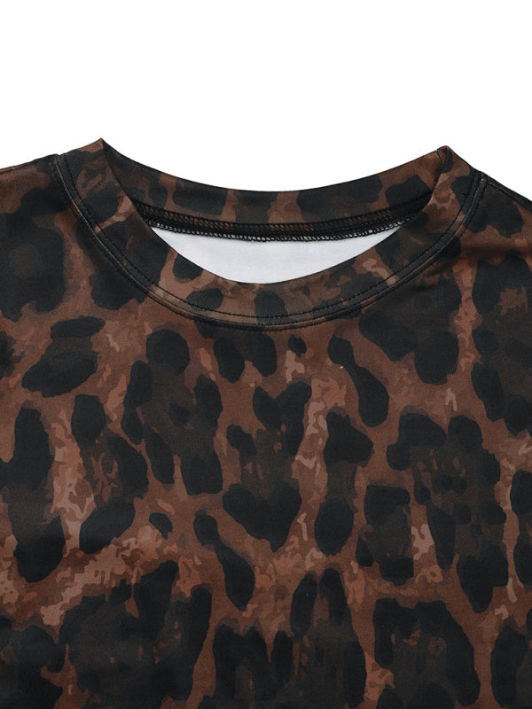 Women's round neck sexy hip-wrapped two-piece suit long sleeve leopard print slim fit slit sett  Shop One Place