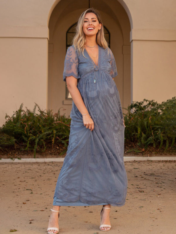 Maternity clothes-Woven short-sleeved V-neck lace long dress  Shop One Place