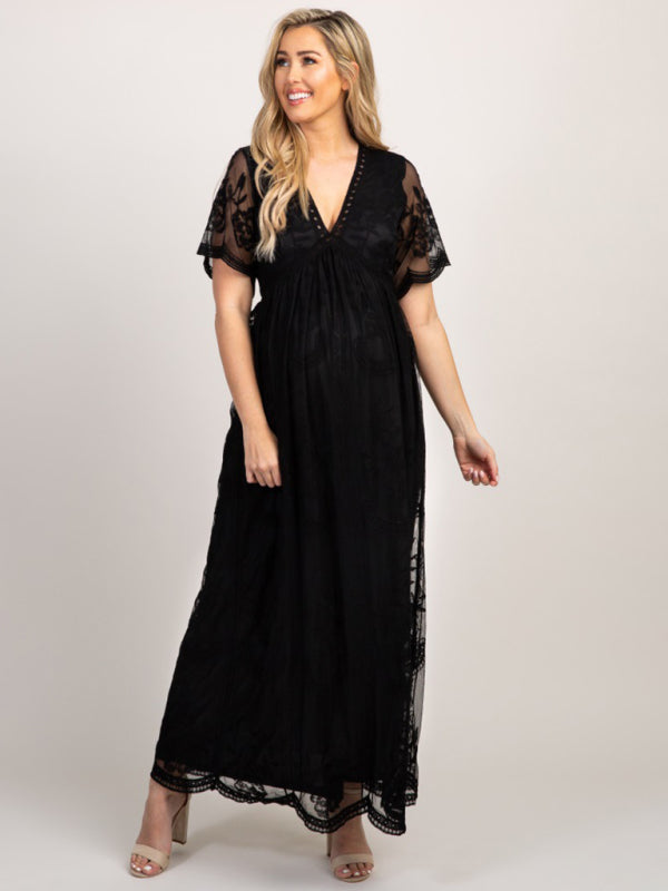 Maternity clothes-Woven short-sleeved V-neck lace long dress  Shop One Place