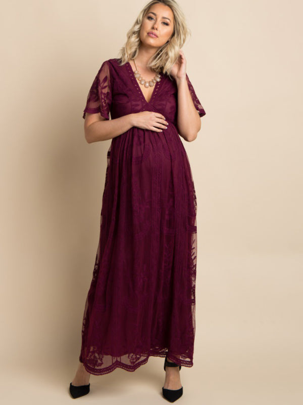 Maternity clothes-Woven short-sleeved V-neck lace long dress  Shop One Place