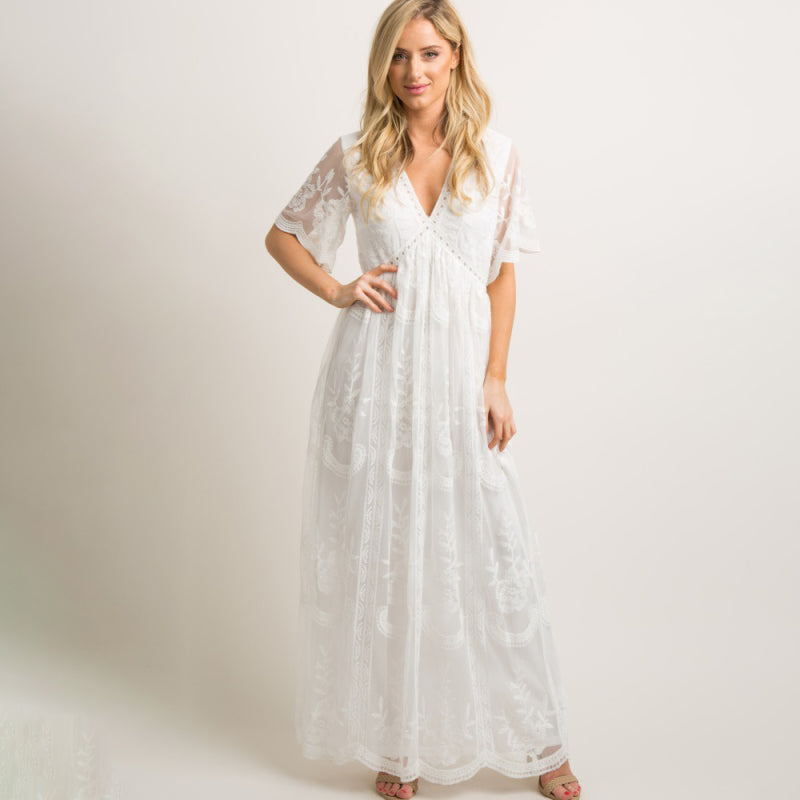 Maternity clothes-Woven short-sleeved V-neck lace long dress  Shop One Place