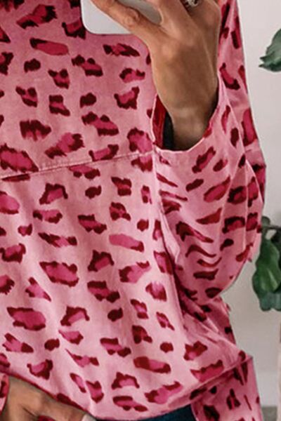 Leopard Round Neck Dropped Shoulder Blouse  Shop One Place
