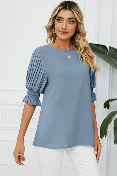 Frill Round Neck Lantern Sleeve T-Shirt