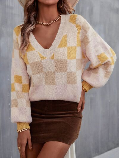 Checkered V-Neck Lantern Sleeve Sweater  Shop One Place