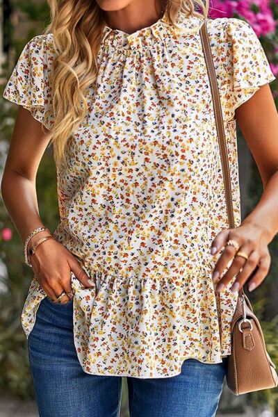 Ditsy Floral Peplum Short Sleeve Blouse