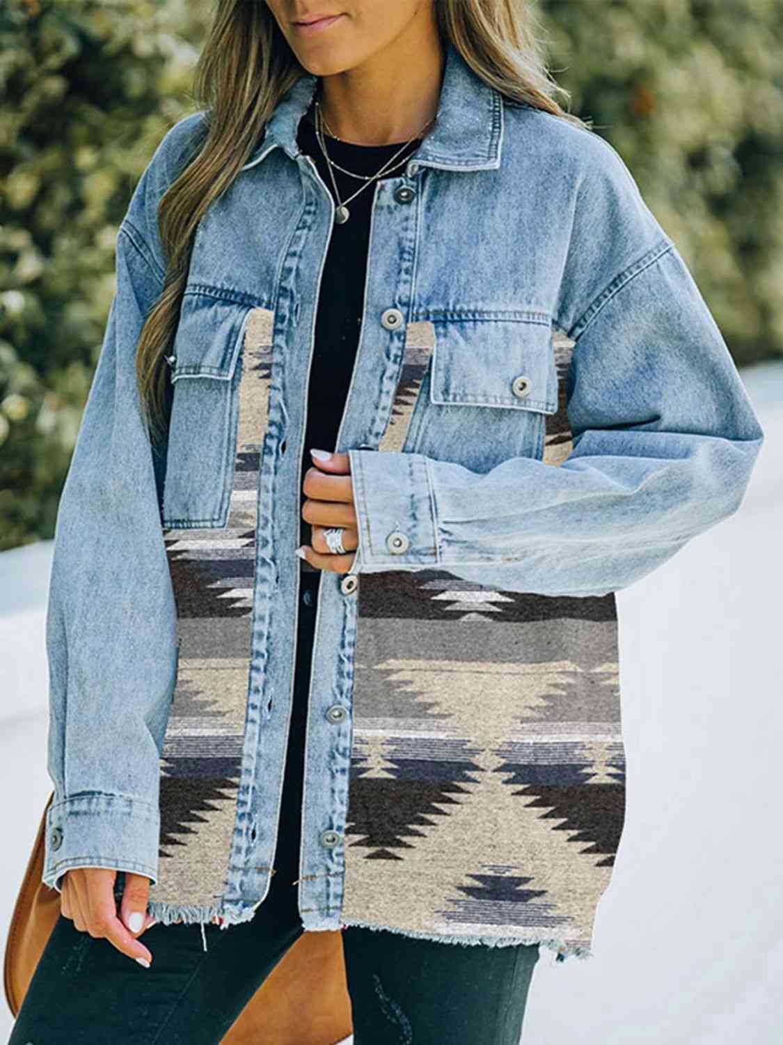 Collared Neck Dropped Shoulder Denim Jacket