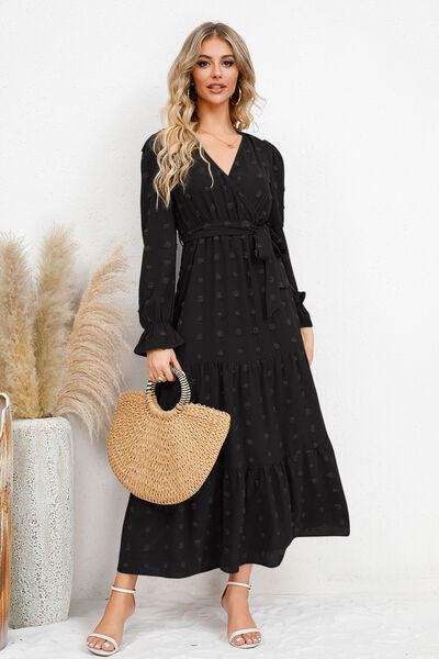 Swiss Dot Tied Surplice Flounce Sleeve Dress