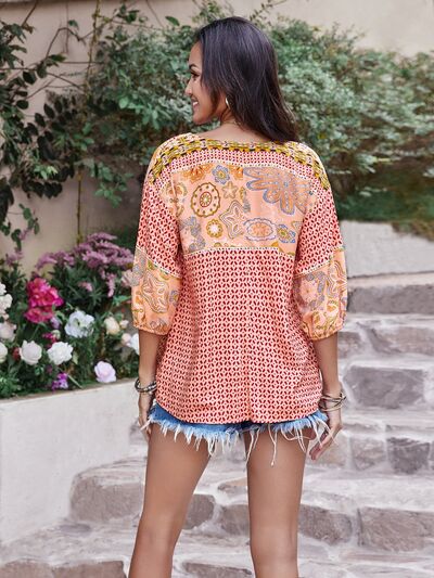 Printed Tie Neck Balloon Sleeve Blouse