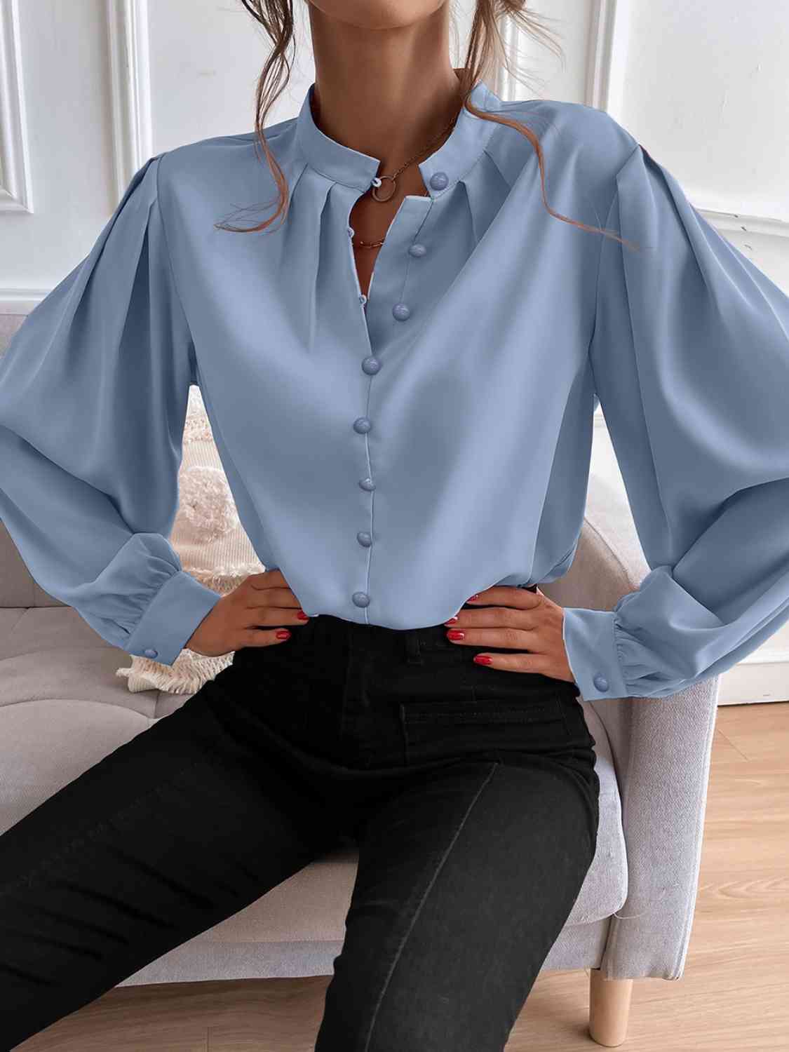 Mock Neck Button Front Shirt