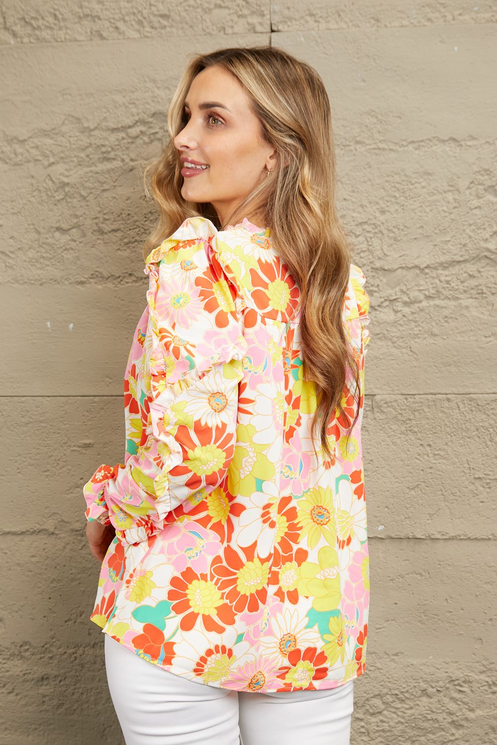 Double Take Floral Tie Neck Ruffled Blouse