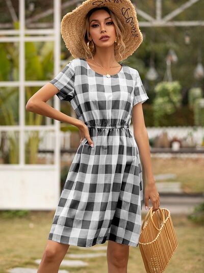 Smocked Plaid Round Neck Short Sleeve Dress