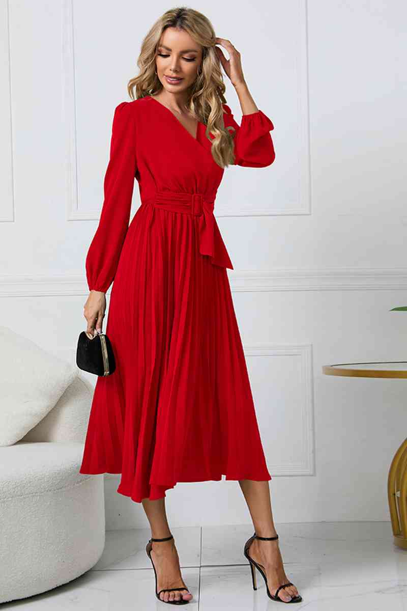 V-Neck Long Sleeve Tie Waist Midi Dress 