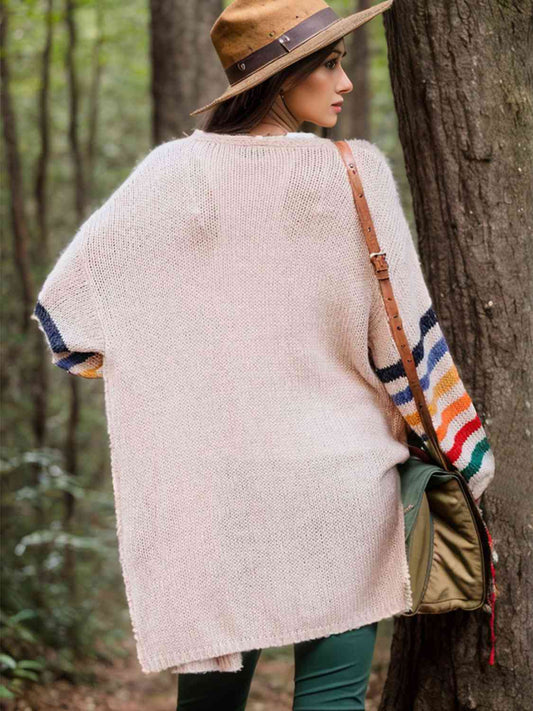 Striped Open Front Long Sleeve Cardigan  Shop One Place