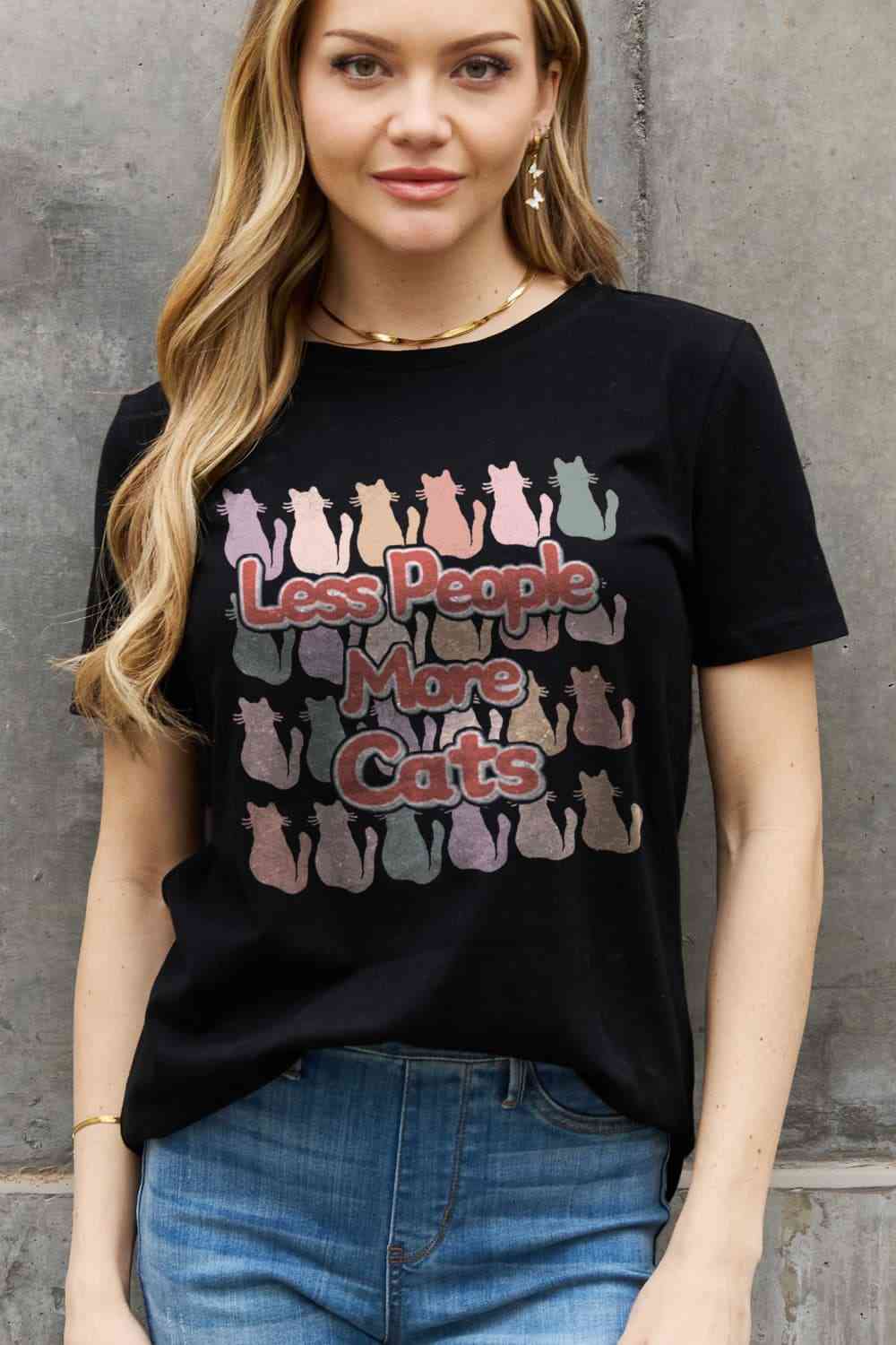 Simply Love Full Size LESS PEOPLE MORE CATS Graphic Cotton Tee