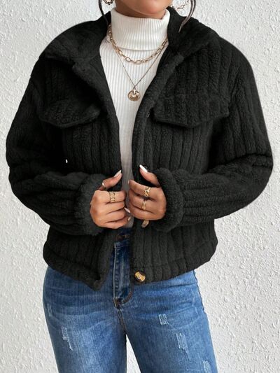 Fuzzy Button Up Collared Neck Jacket  Shop One Place