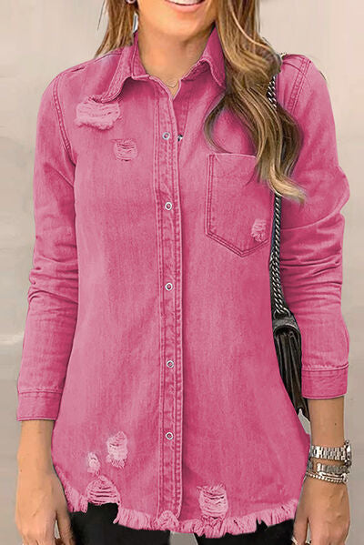 Distressed Raw Hem Snap Down Denim Jacket  Shop One Place