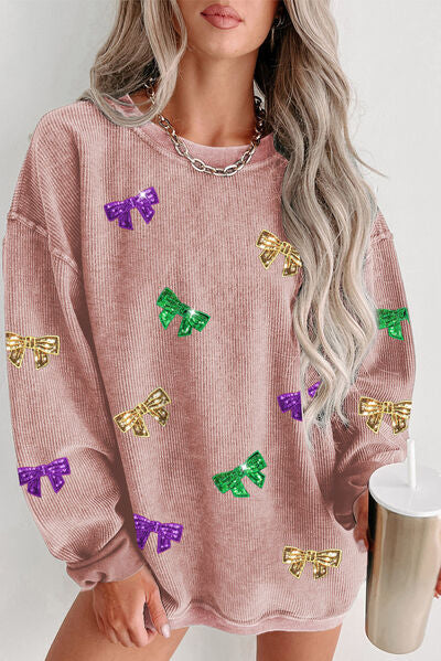 Bow Sequin Round Neck Sweatshirt