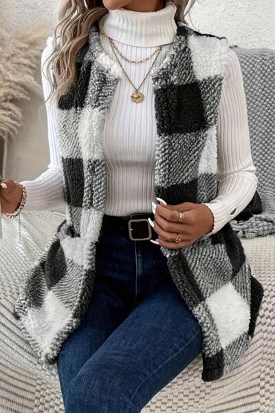 Sherpa Plaid Open Front Vest Coat  Shop One Place