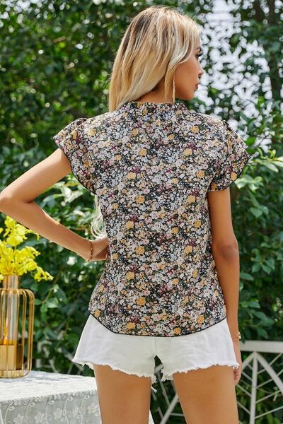 Floral Notched Flutter Sleeve T-Shirt